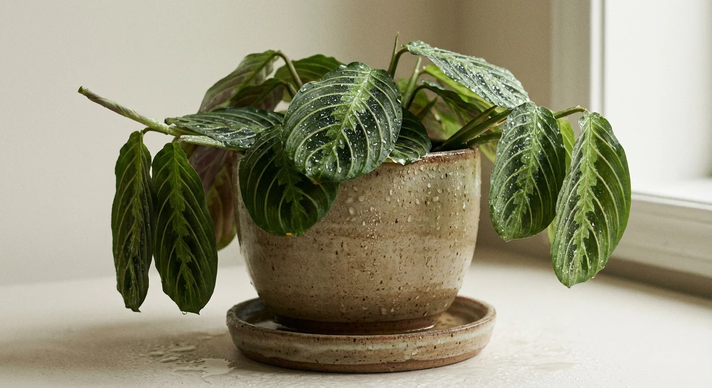 A Prayer Plant in a pot with a drainage tray, showing careful moisture management.