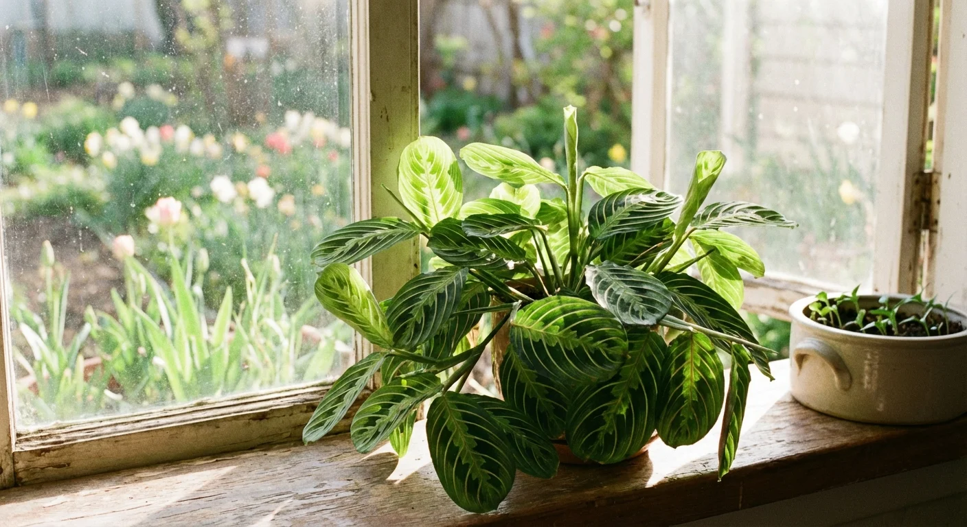 A prayer plant in bright spring light on a windowsill.