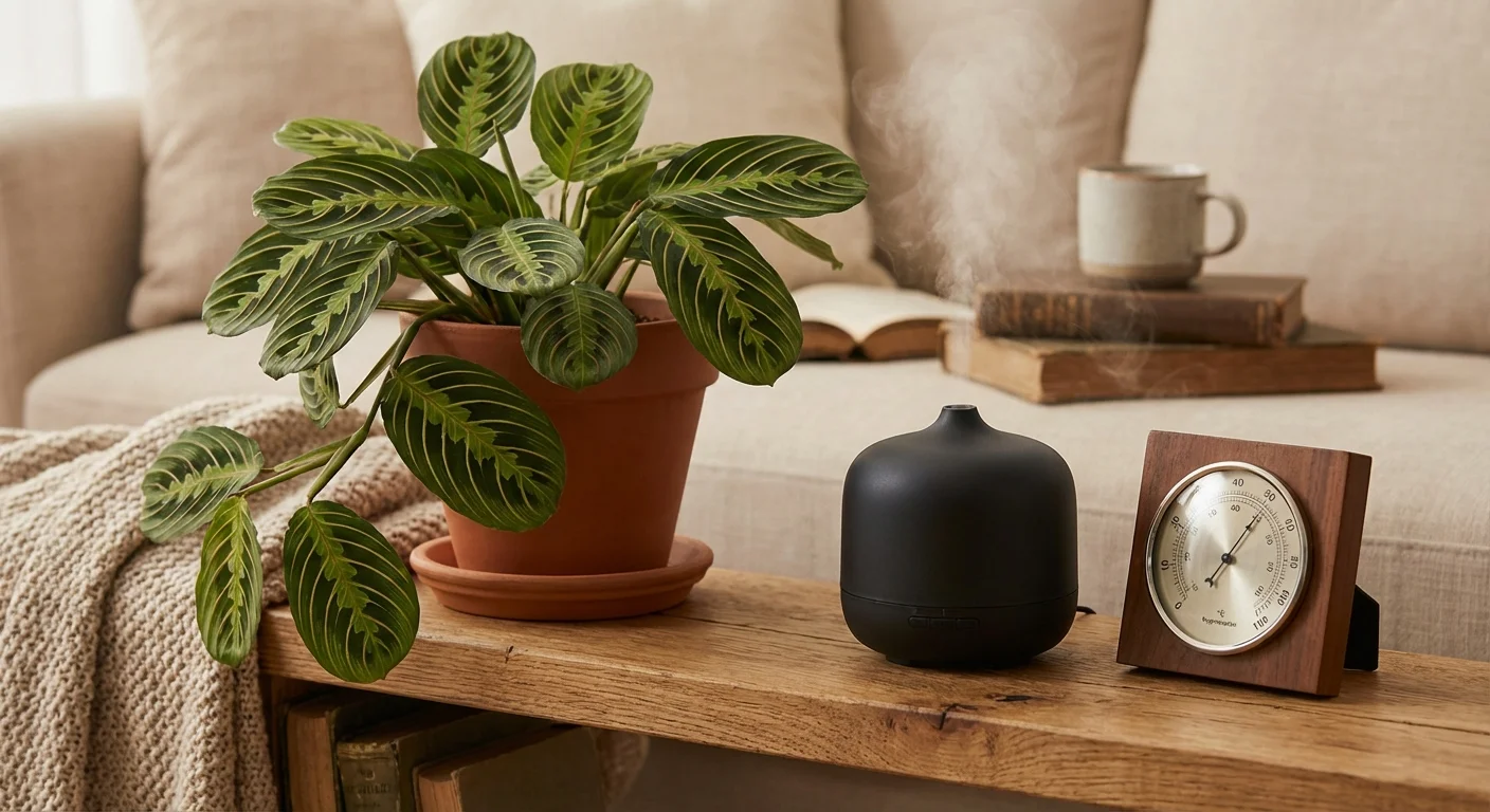 A Prayer Plant on a shelf next to a humidifier, illustrating environmental factors.