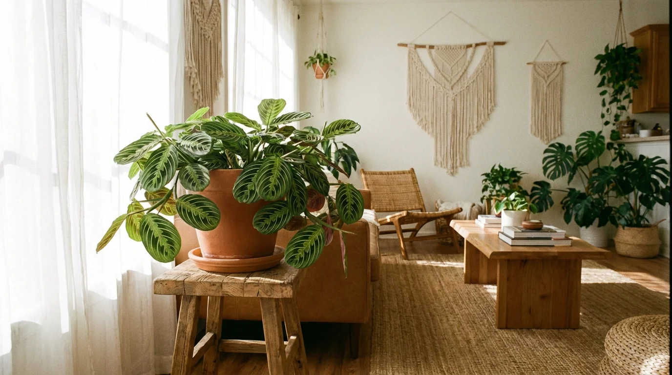 A Prayer Plant sitting in a bright, modern living room near a window with sheer curtains.
