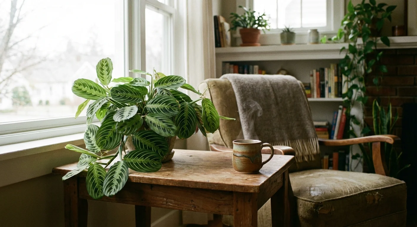 A Prayer Plant sitting on a table near a bright window with indirect sunlight.