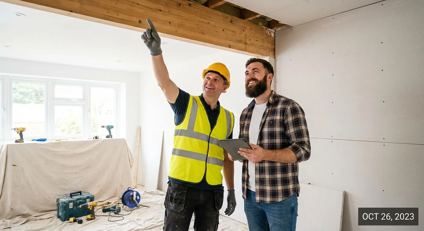 A professional building inspector explaining regulations to a homeowner during a renovation.