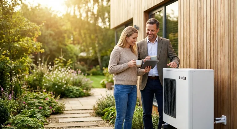 A professional consultant explaining a Sanden hot water system to a homeowner in a bright garden setting.