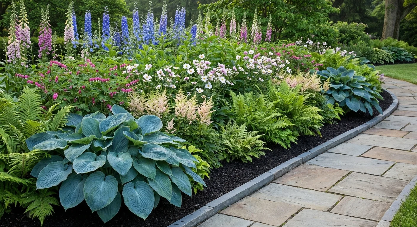 A professionally designed garden bed with layered plants and a clean mulch border.