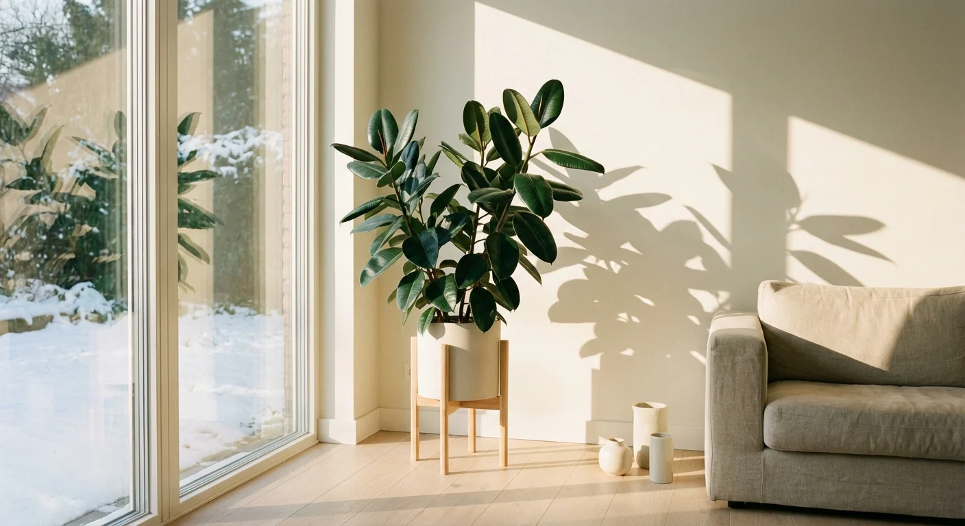 A rubber plant catching the low winter sun near a large window.