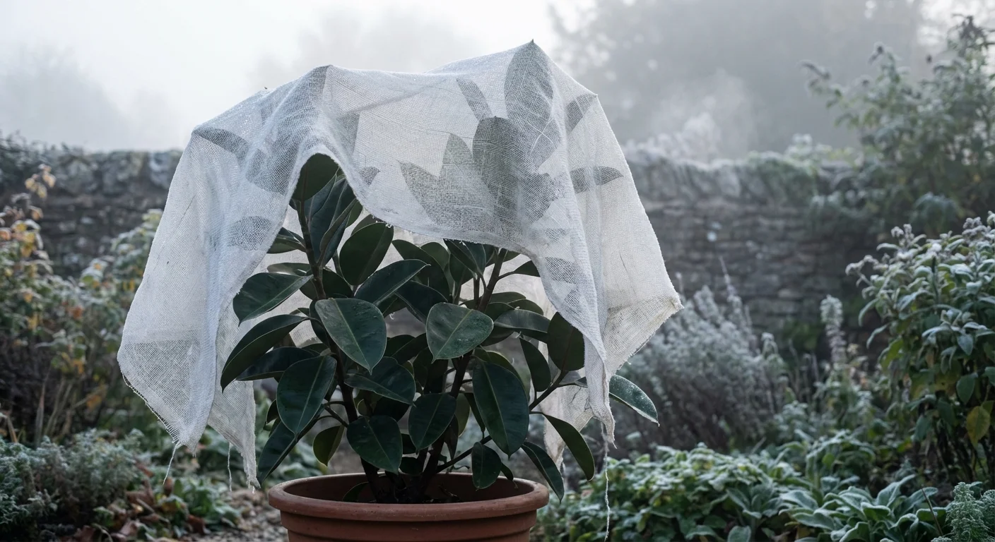 A rubber plant covered with a protective frost cloth in a misty outdoor garden.