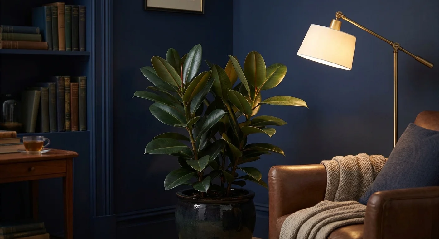 A Rubber Plant in a dimly lit but stylish corner of a room.