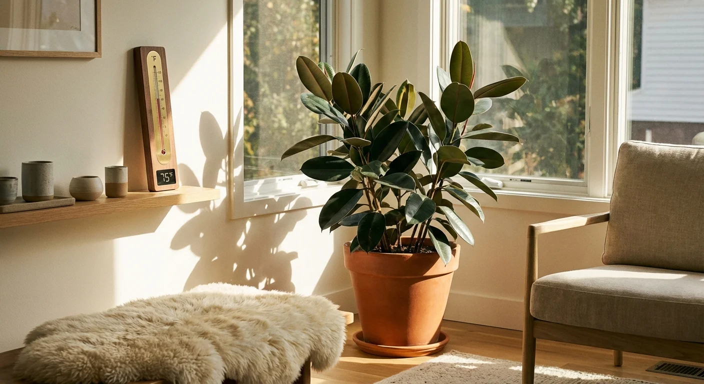 A rubber plant in a sunlit room with a thermometer nearby.