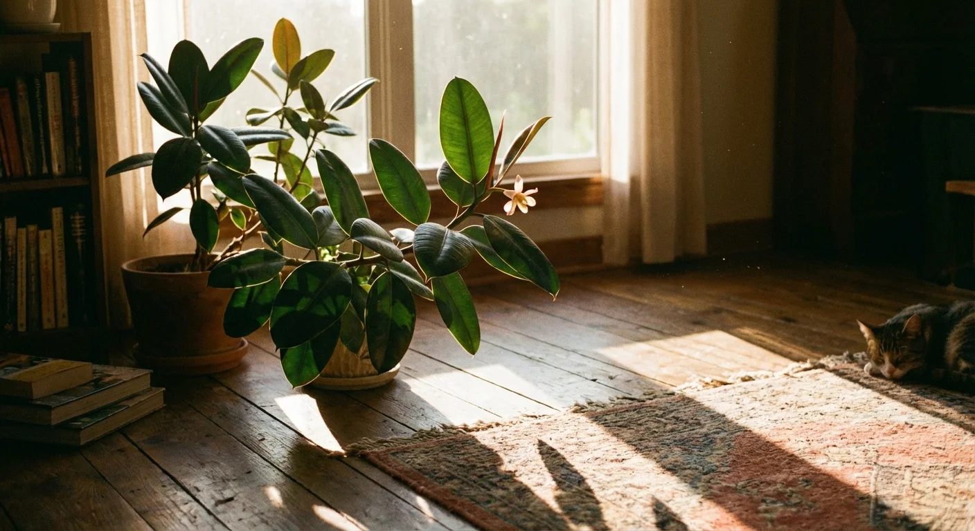 A rubber plant in the golden hour light of summer.