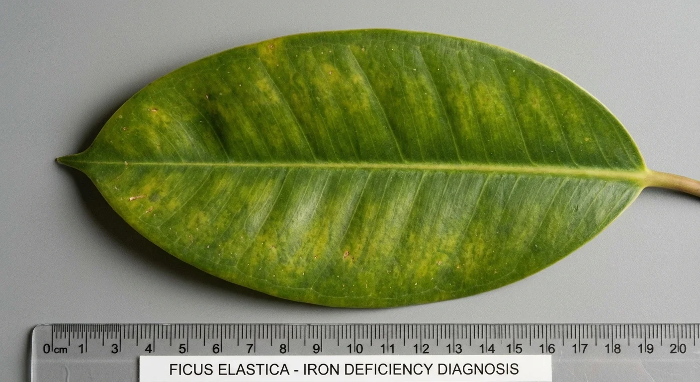 A rubber plant leaf showing signs of yellowing or disease.