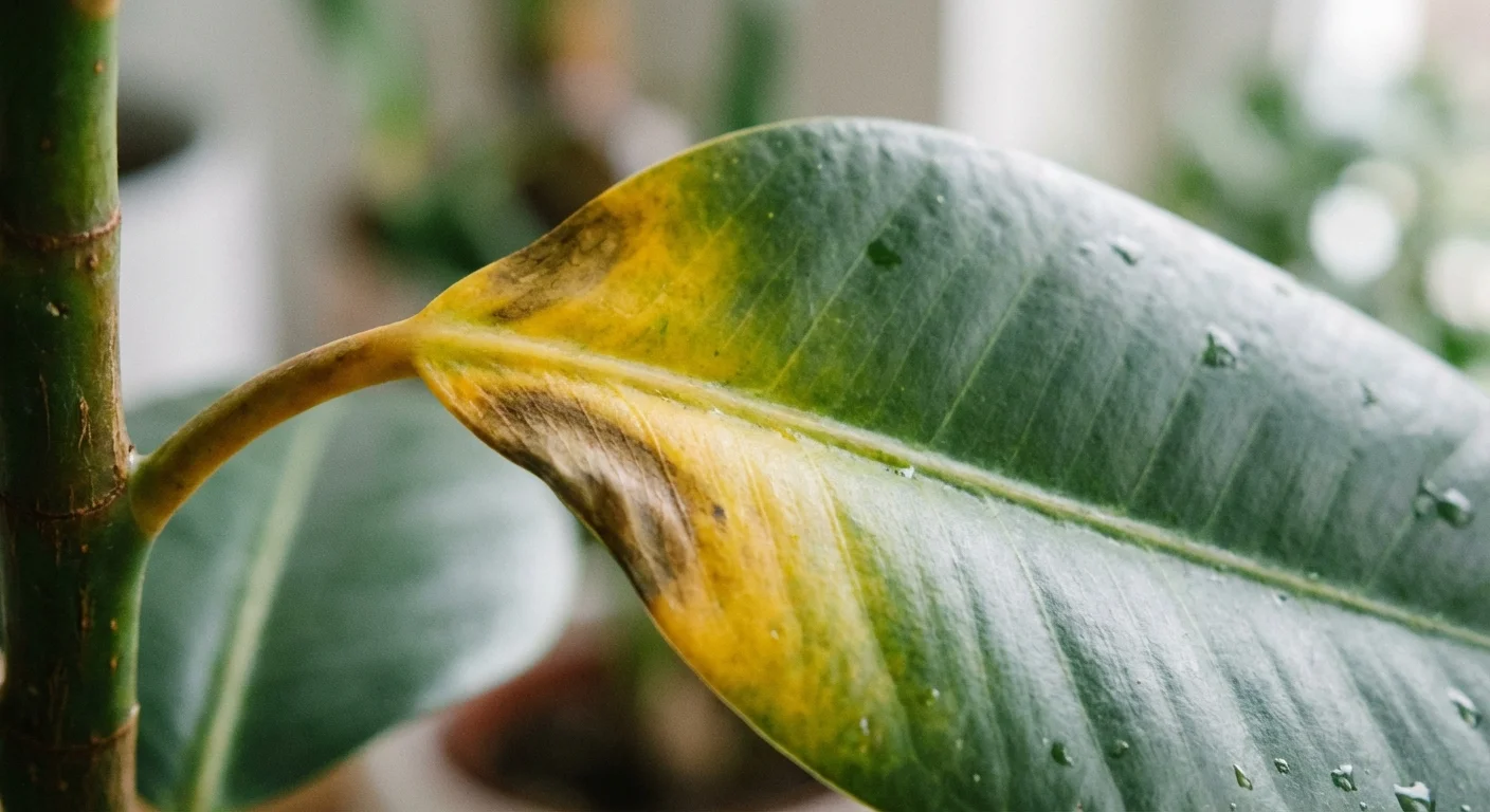 A Rubber Plant leaf showing yellowing due to overwatering.