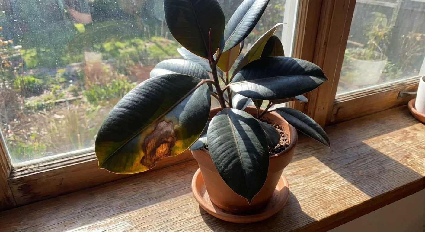 A Rubber Plant leaf with a brown sunburn spot caused by direct, harsh sunlight.