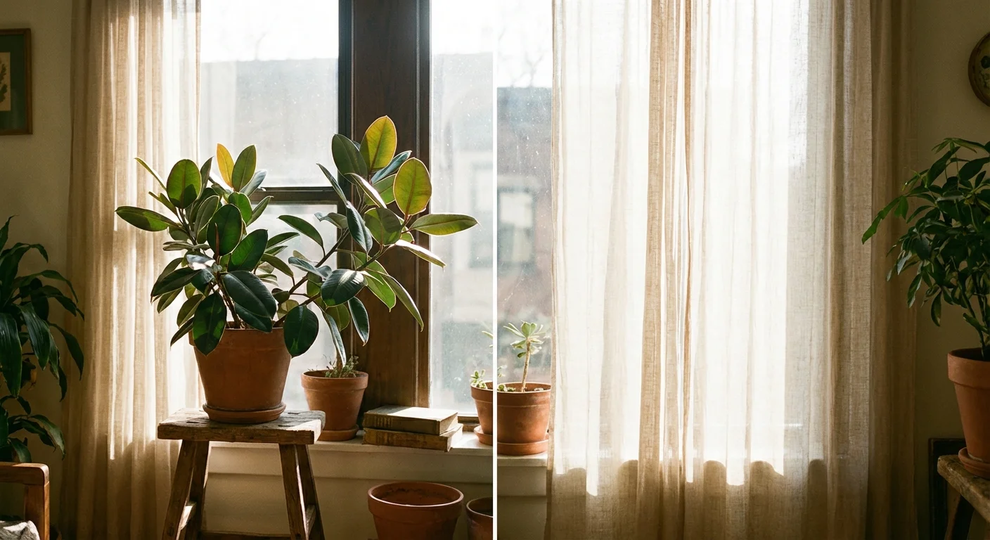 A Rubber Plant placed near a bright window with soft sunlight.