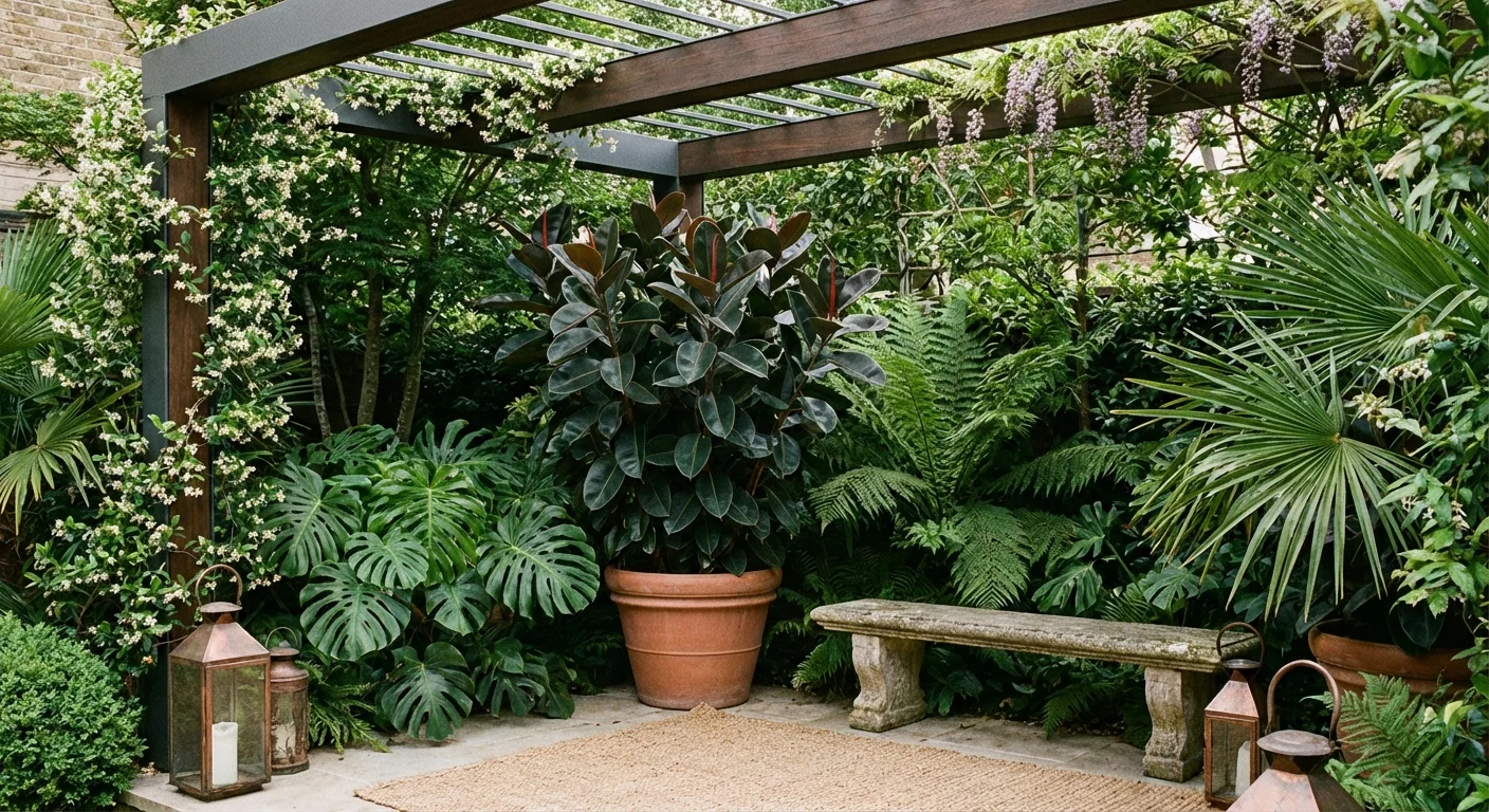 A rubber plant positioned in a sheltered, shaded corner of a modern garden under a pergola.