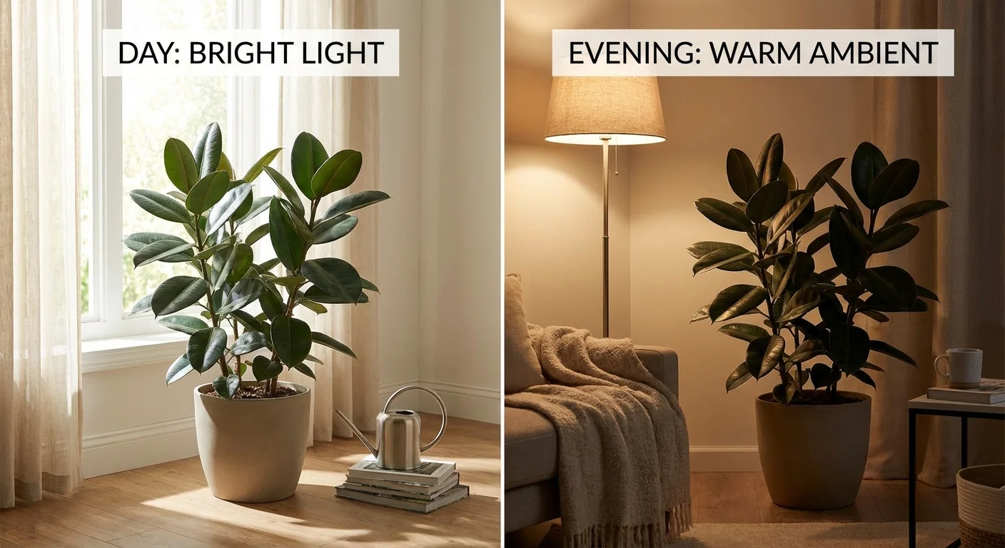 A Rubber Plant shown in both daylight and evening indoor lighting.