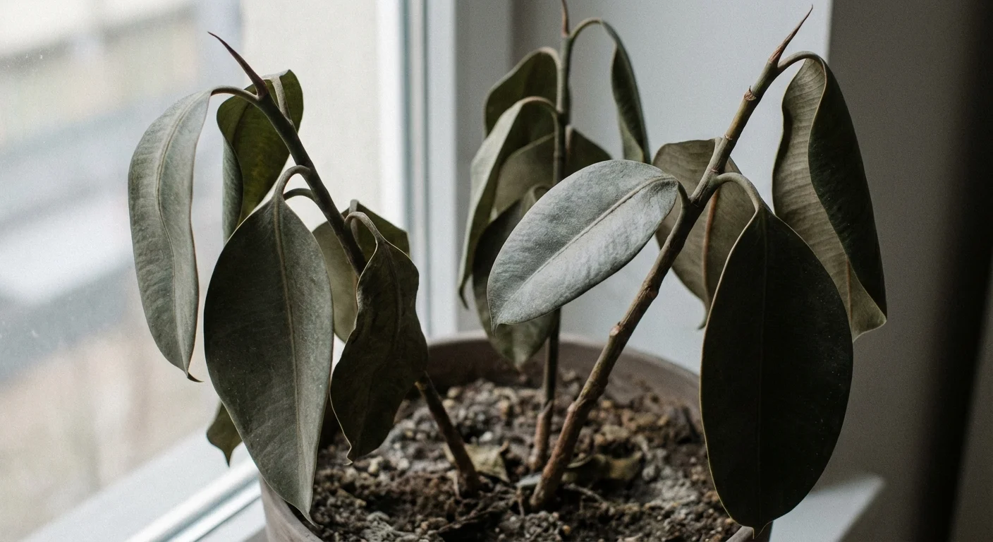 A Rubber Plant with wilting and drooping leaves due to lack of water.