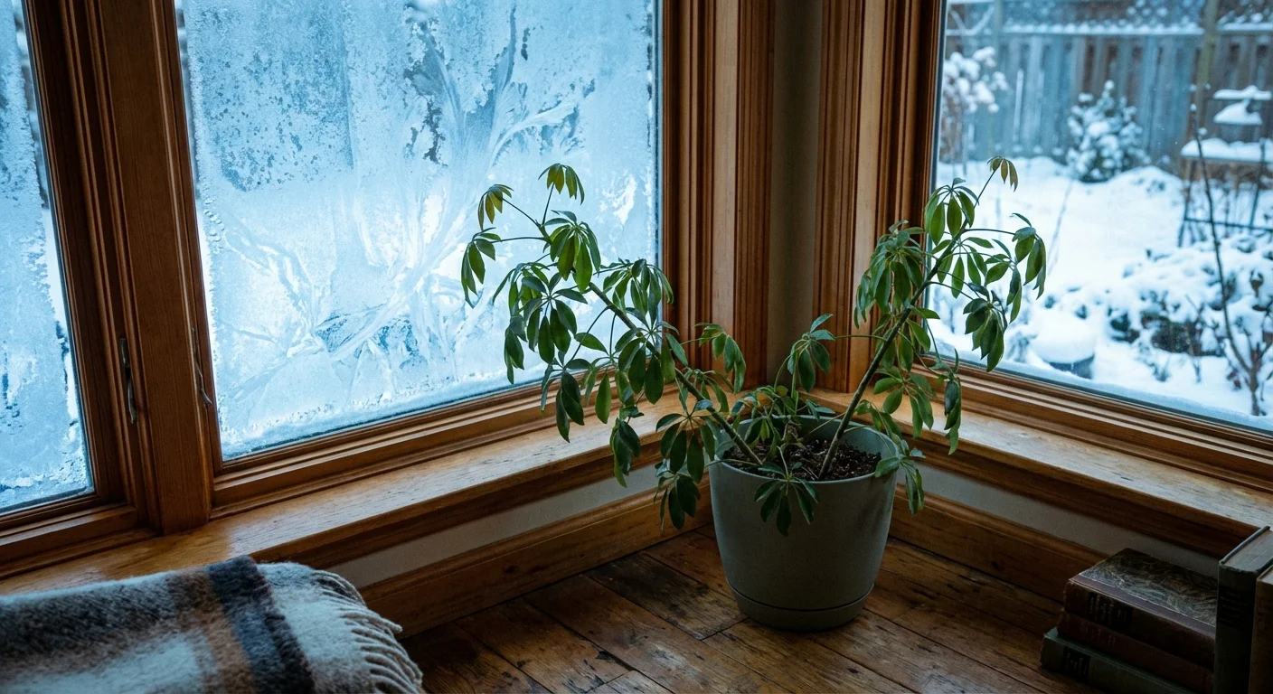A Schefflera plant by a window during winter, illustrating light and temperature changes.