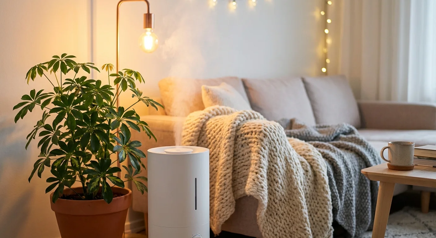 A Schefflera plant in a cozy winter setting with a humidifier for extra moisture.