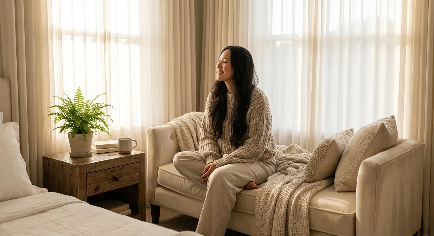 A serene bedroom corner designed as a sanctuary with soft textures and lush greenery for relaxation.