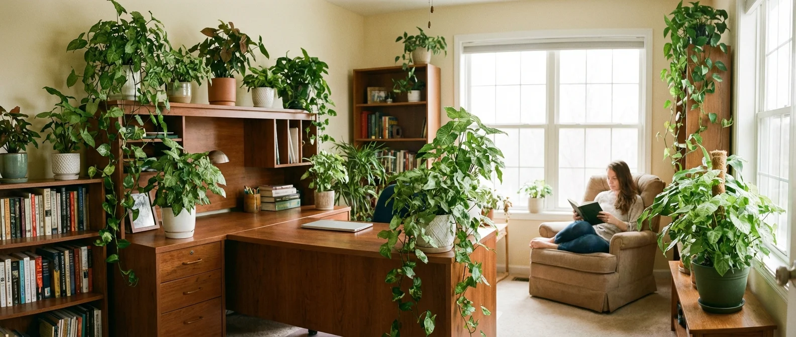A serene home office filled with healthy, well-lit Arrowhead plants.