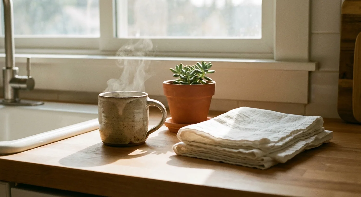 A serene kitchen corner with a coffee mug, a small plant, and clean linens in soft morning light.