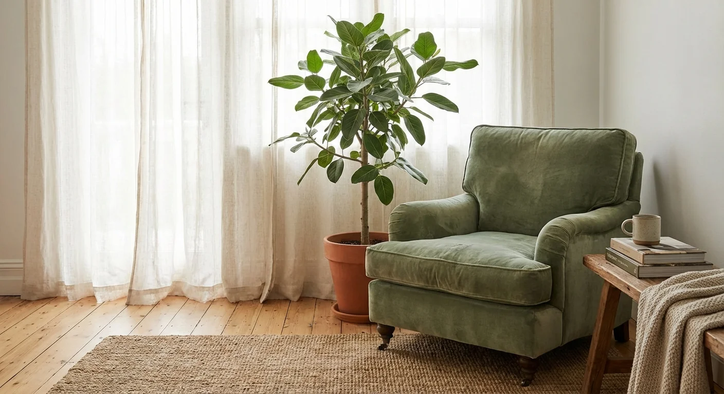 A serene reading nook with a green armchair, a large indoor tree, and soft natural light.