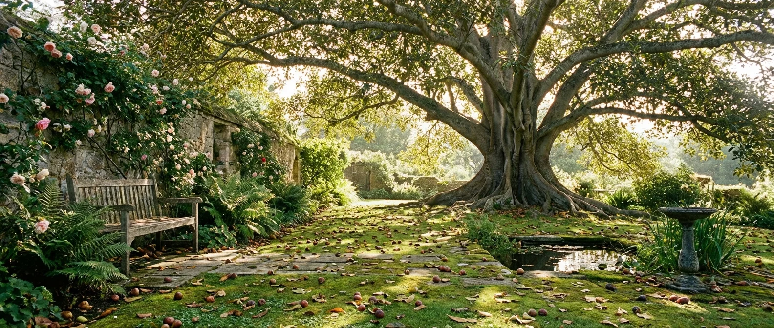 A shady garden spot under a fig tree with fallen fruit on the ground.