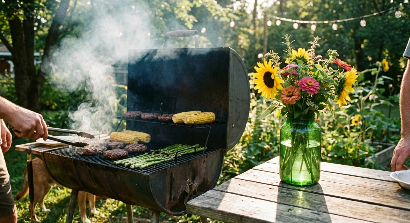 A simple charcoal grill with burgers and a rustic table setting in a sunlit garden.