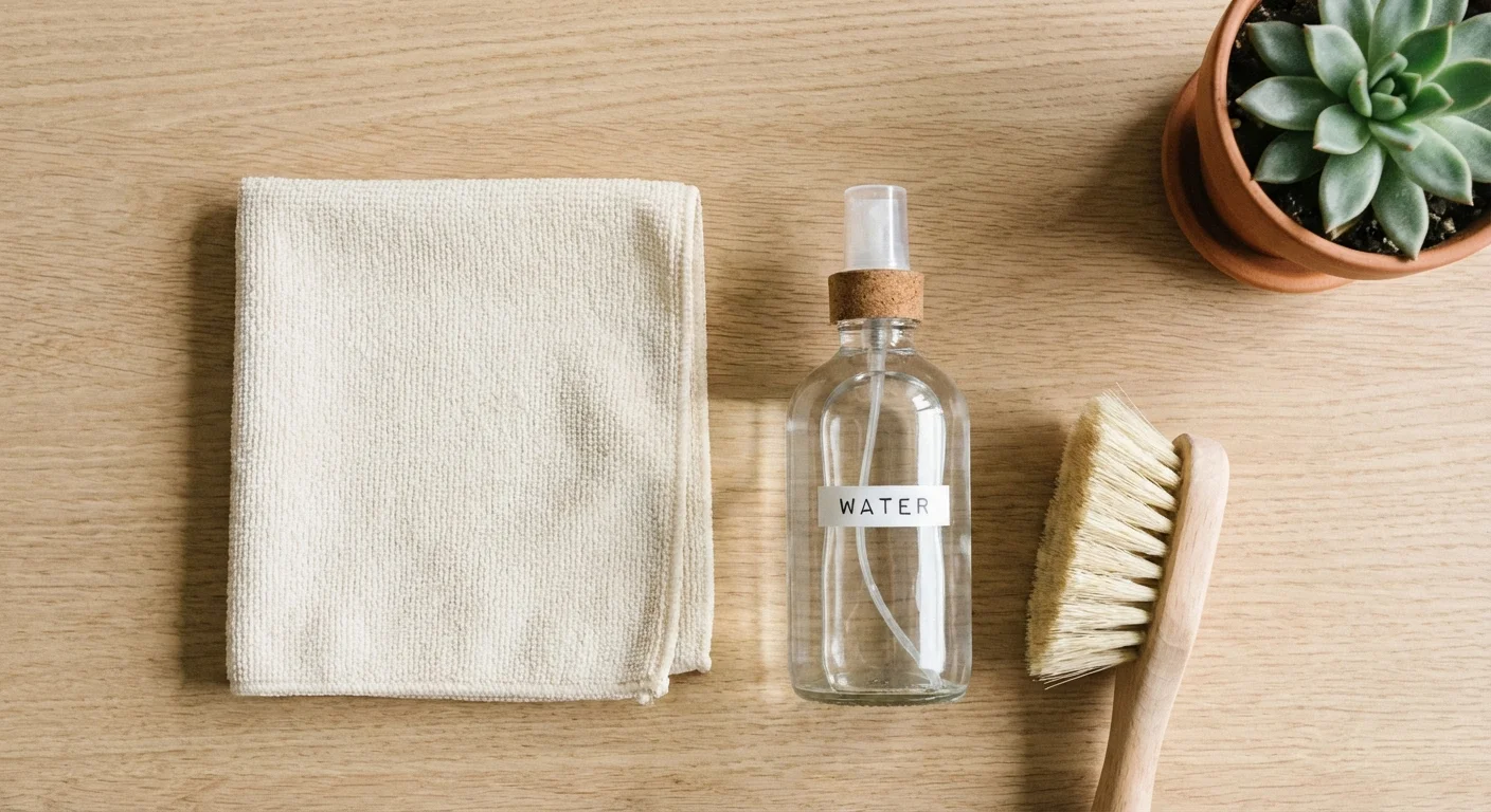 A simple cleaning kit with a cloth, spray bottle, and brush on a wooden table.