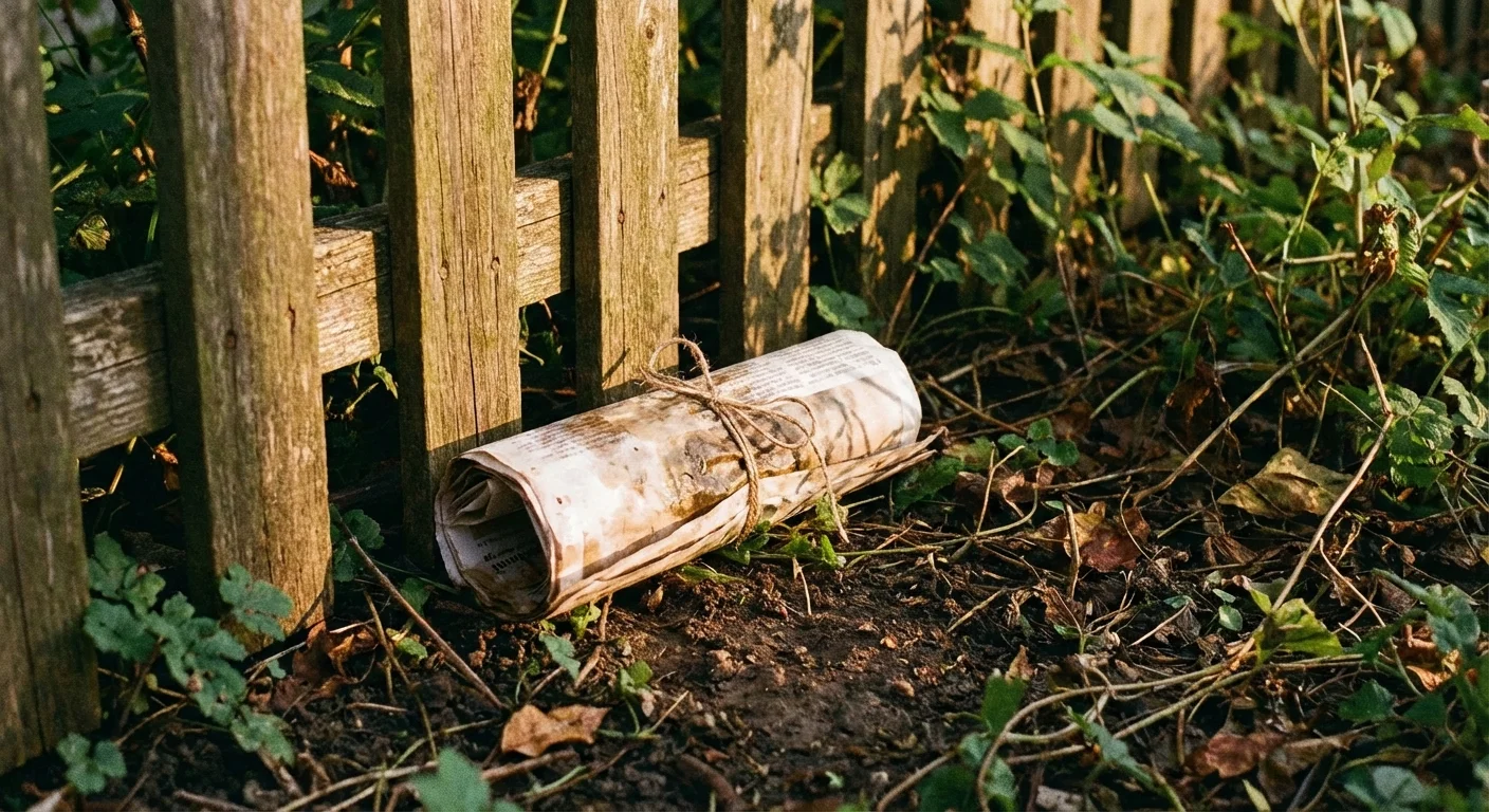 A simple DIY earwig trap made from a rolled-up wet newspaper in a garden.