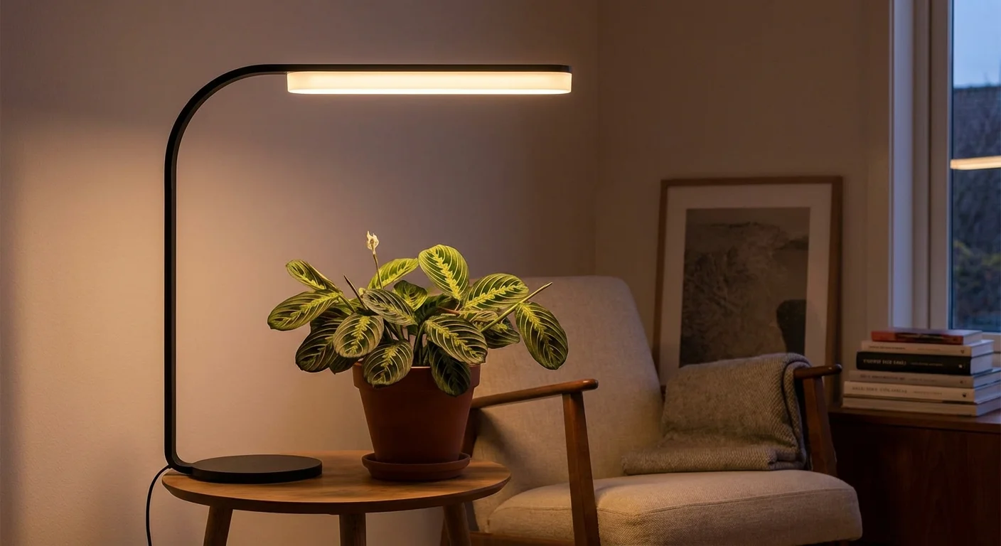A sleek, modern grow light providing supplemental light to a plant in a dark room.
