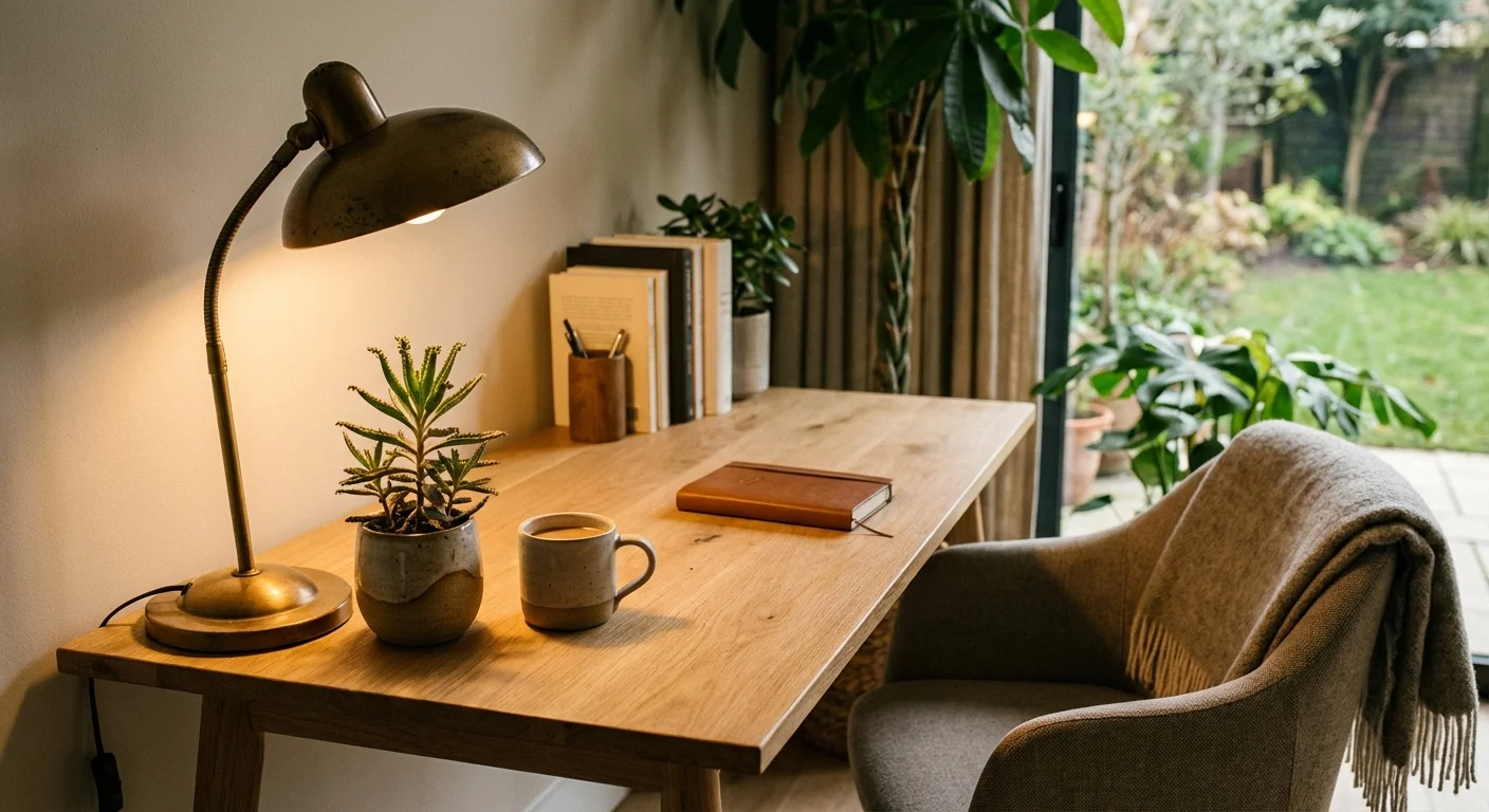 A small Mother of Thousands plant adding a touch of nature to a cozy, well-lit home workspace.