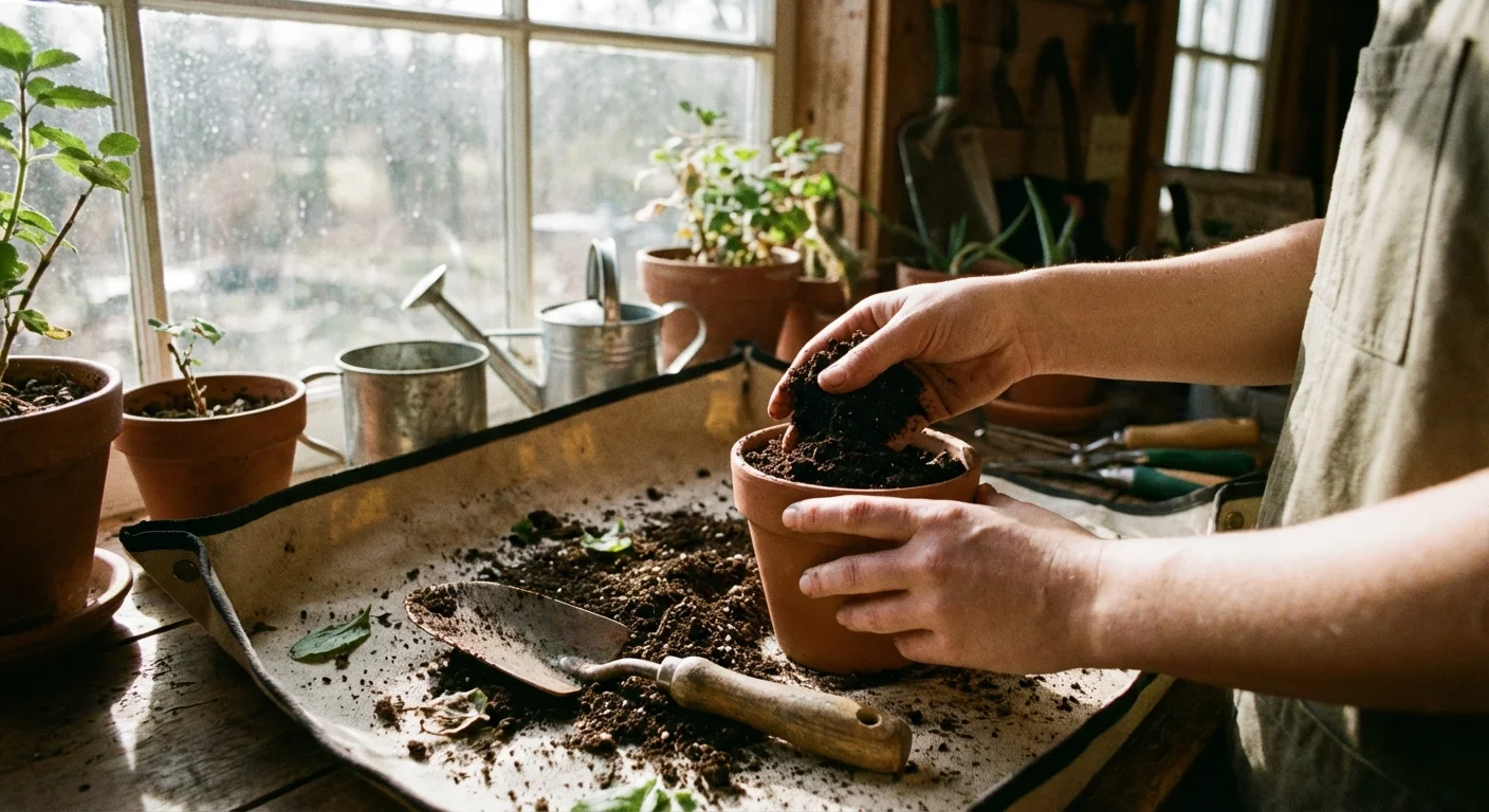 A small terracotta pot and a pile of dark potting soil on a wooden surface.