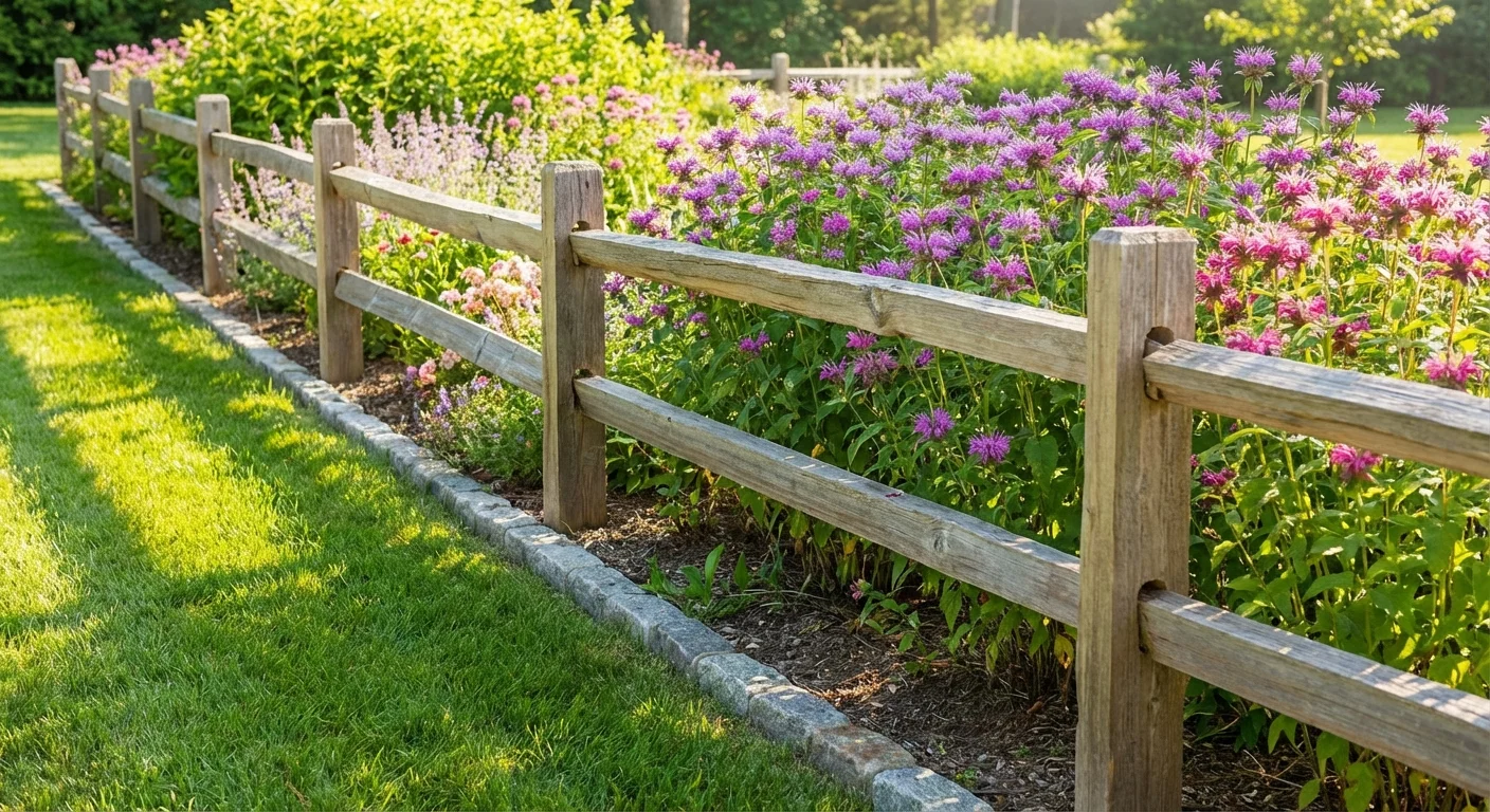 A small wooden fence protecting a garden bed of Bee Balm from the rest of the yard.
