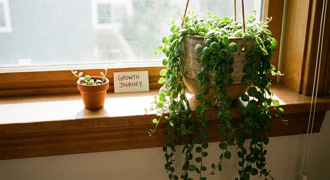 A small young String of Turtles plant next to a large, mature trailing plant.