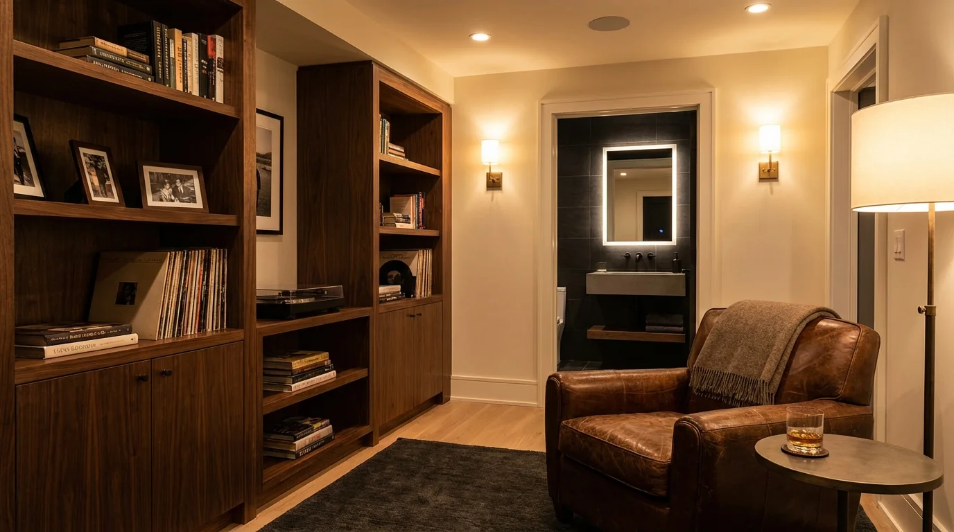 A sophisticated mancave interior with a modern powder room in the background.