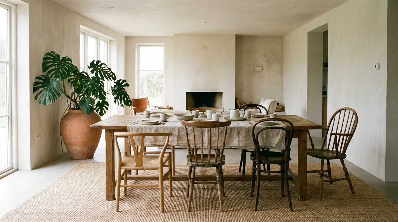 A spacious and balanced dining room featuring a wooden table, mismatched chairs, and a large Monstera plant.