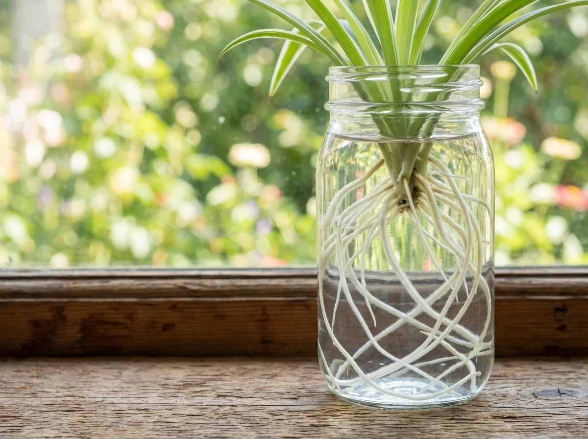 A spider plant cutting in a glass jar showing well-developed long white roots.