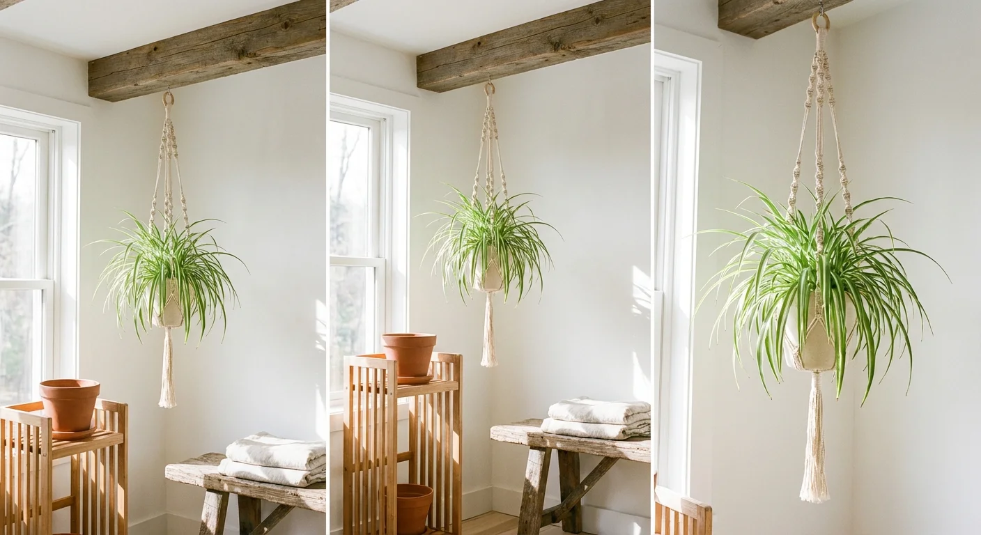 A spider plant hanging in a macrame planter in a bright room corner.