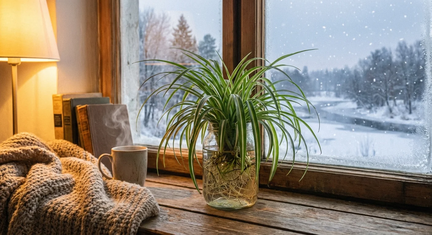 A spider plant propagating in water on a windowsill during the winter season.
