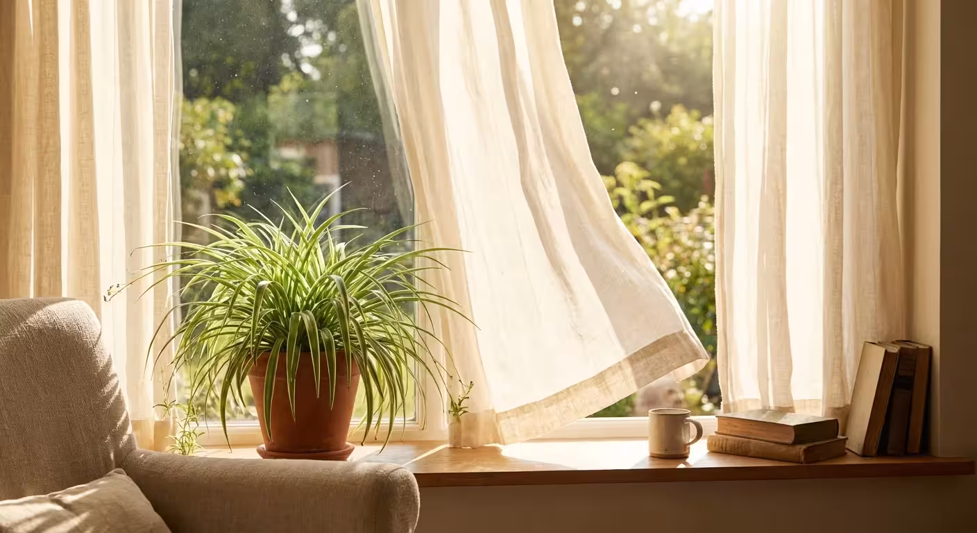 A spider plant sitting near a window with sunlight filtering through soft white curtains.