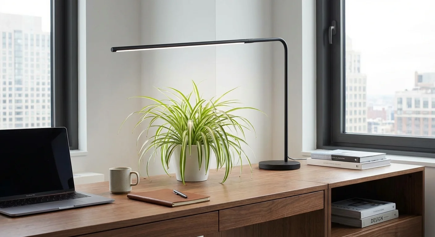 A spider plant under a modern white LED grow light on a desk.