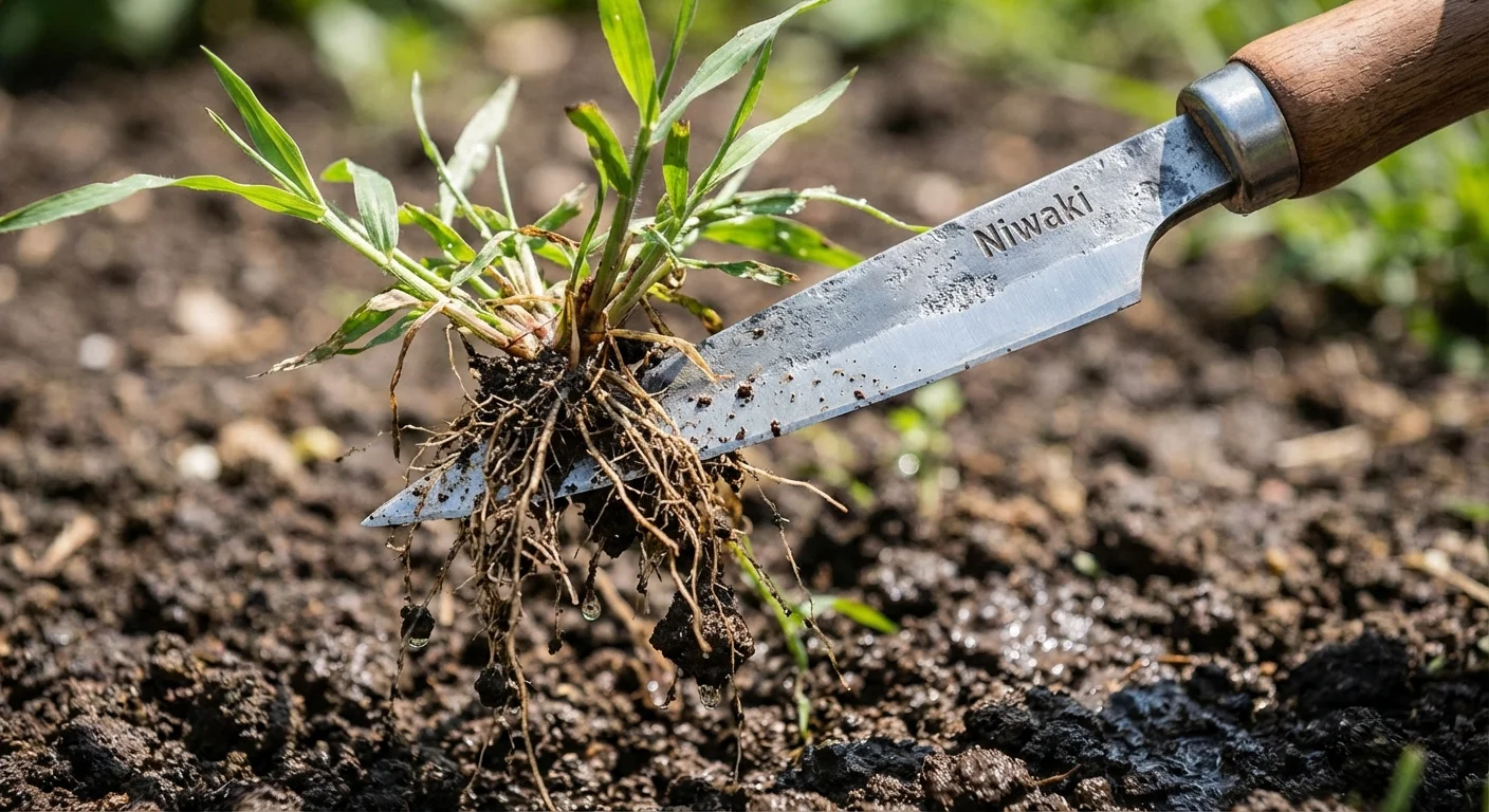 A stainless steel garden tool removing a weed from the root in dark soil.