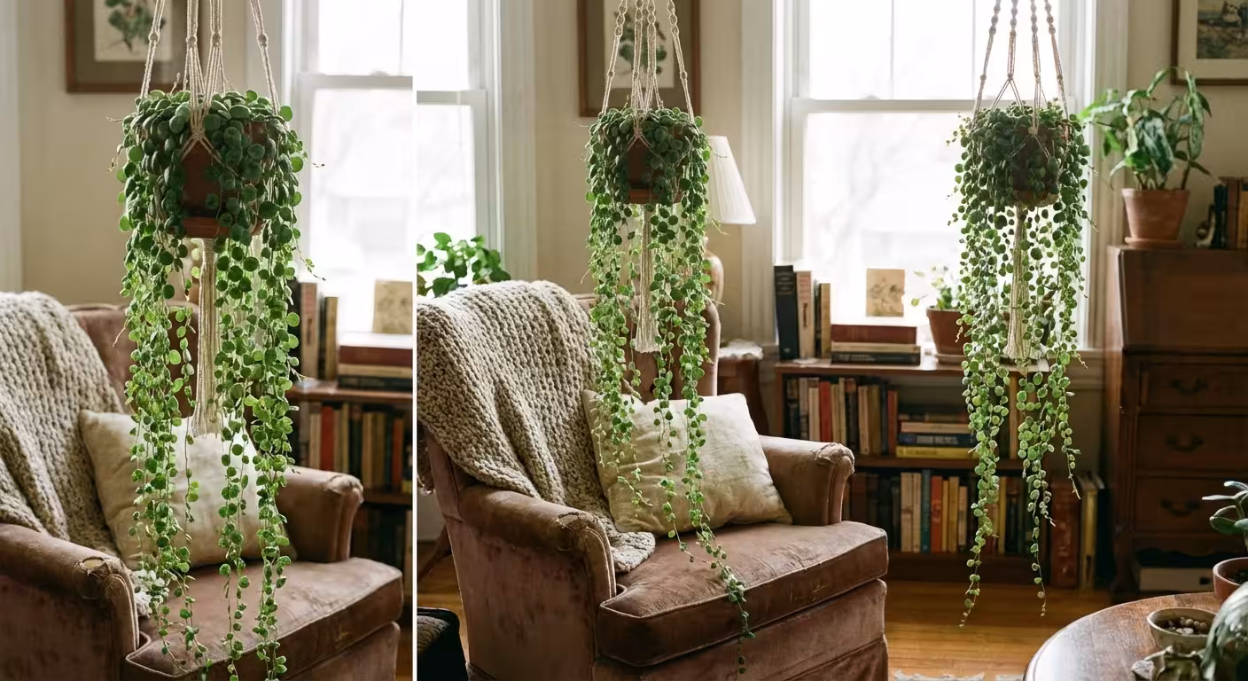 A String of Turtles plant hanging in a basket with vines cascading downwards.