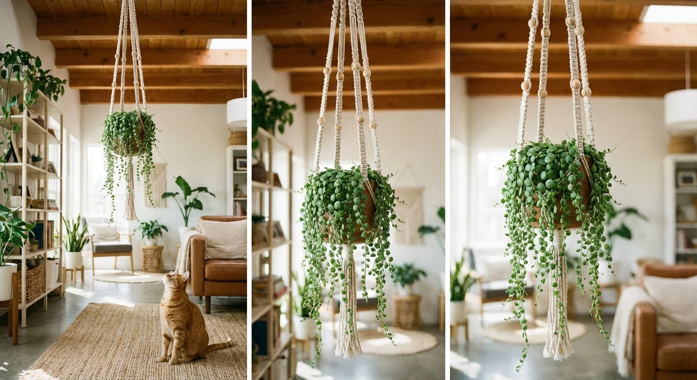 A String of Turtles plant in a high hanging macrame planter.