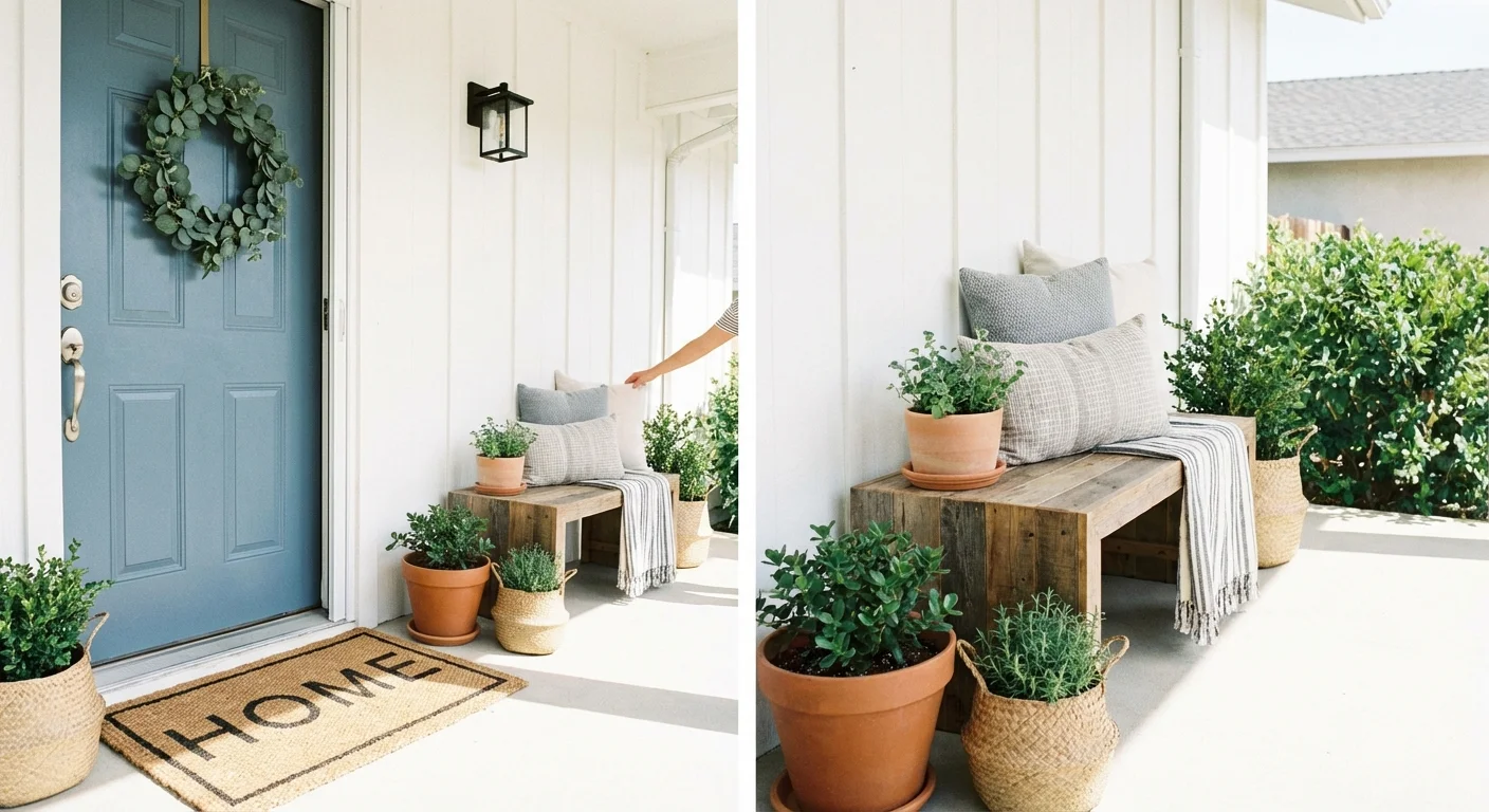 A stylish front porch featuring a woven doormat, a green wreath, and a simple wooden bench in soft light.