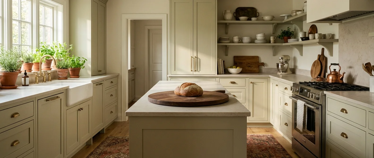 A stylish kitchen corner with updated brass hardware, wooden textures, and lush green plants.
