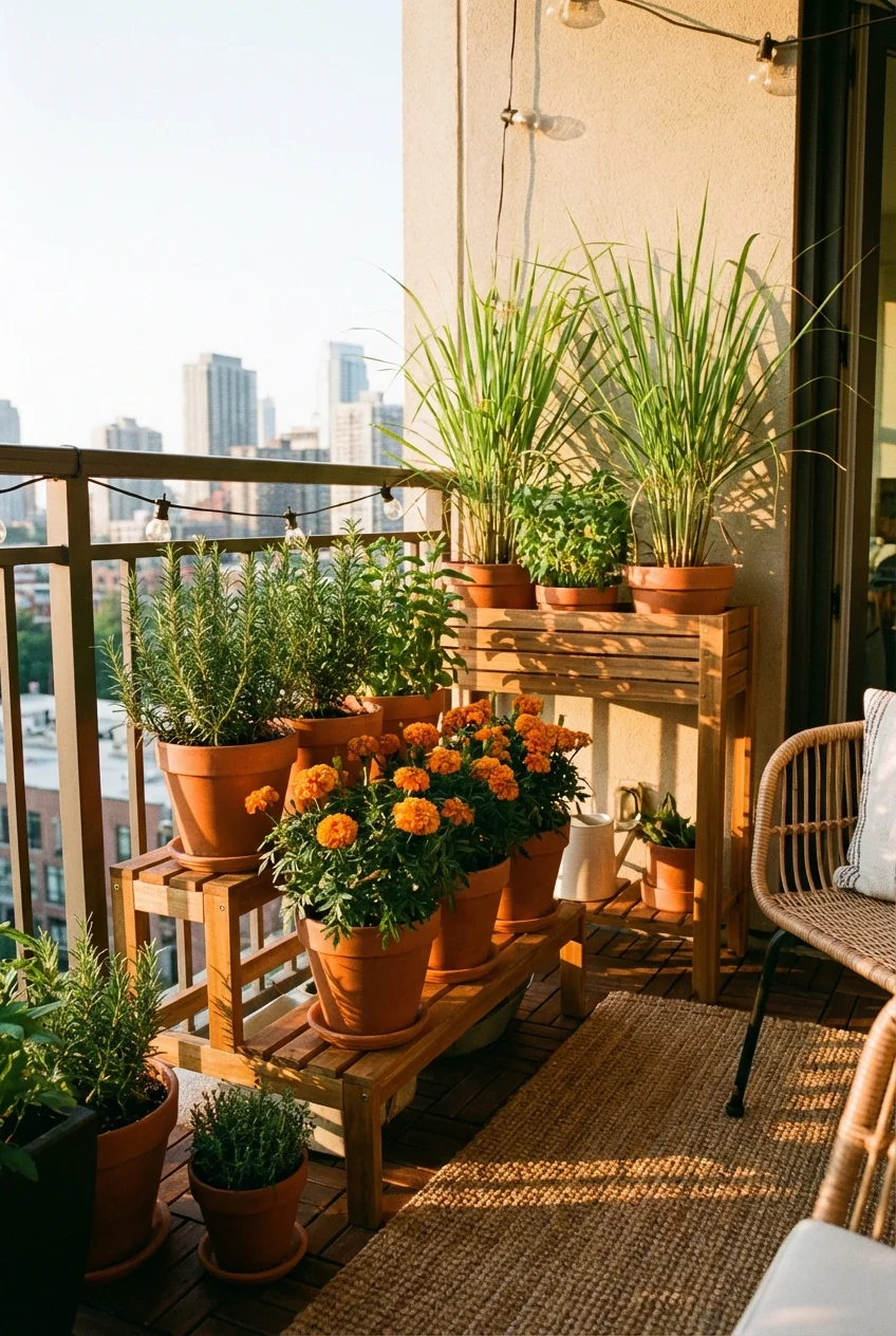 A stylish tiered plant stand on a balcony filled with various mosquito-repelling herbs and flowers.