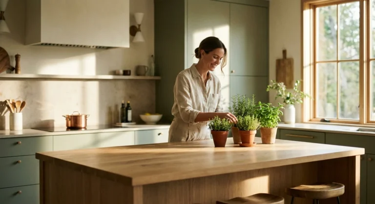 A sun-drenched modern kitchen with a woman standing near a wooden island and indoor plants, representing a safe and beautiful home.