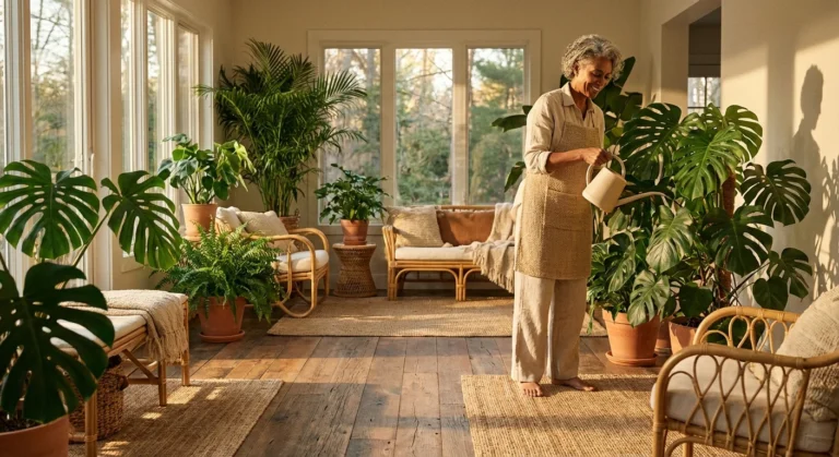 A sun-drenched, plant-filled sunroom with non-slip flooring and a mature adult tending to greenery.